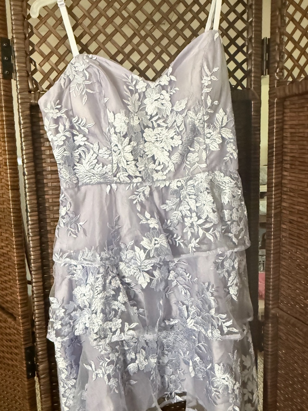 BCX Lavender Strapless Lace Tiered Dress with White Floral Overlay